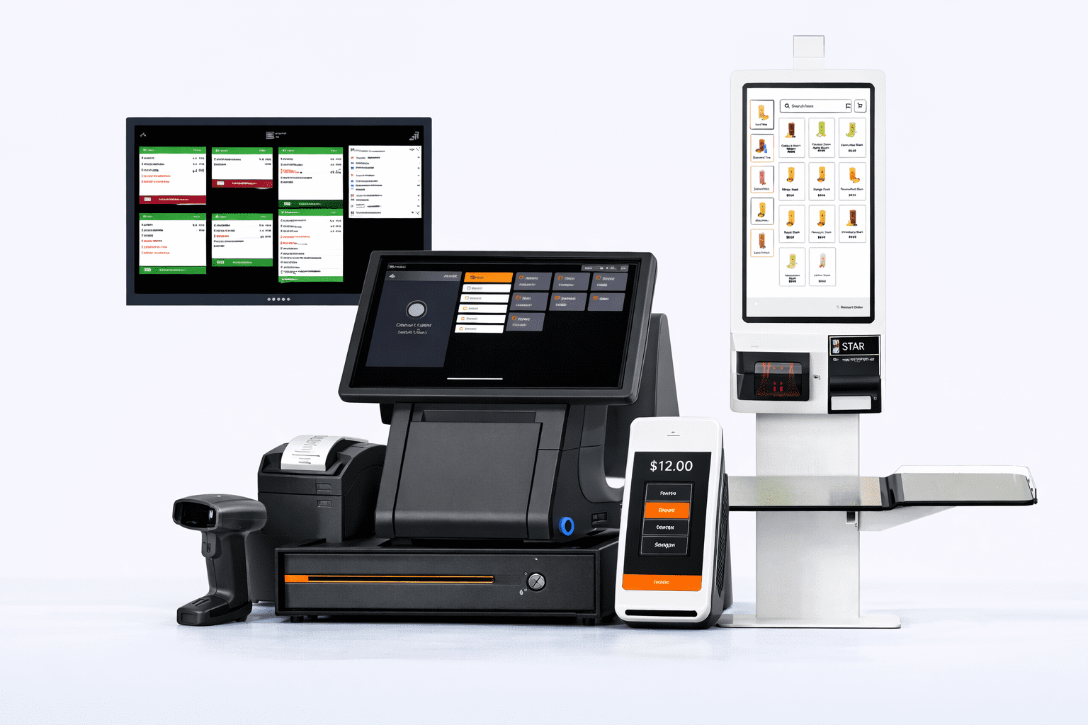 Complete SpotrOS POS hardware suite — terminal, kiosk, card reader