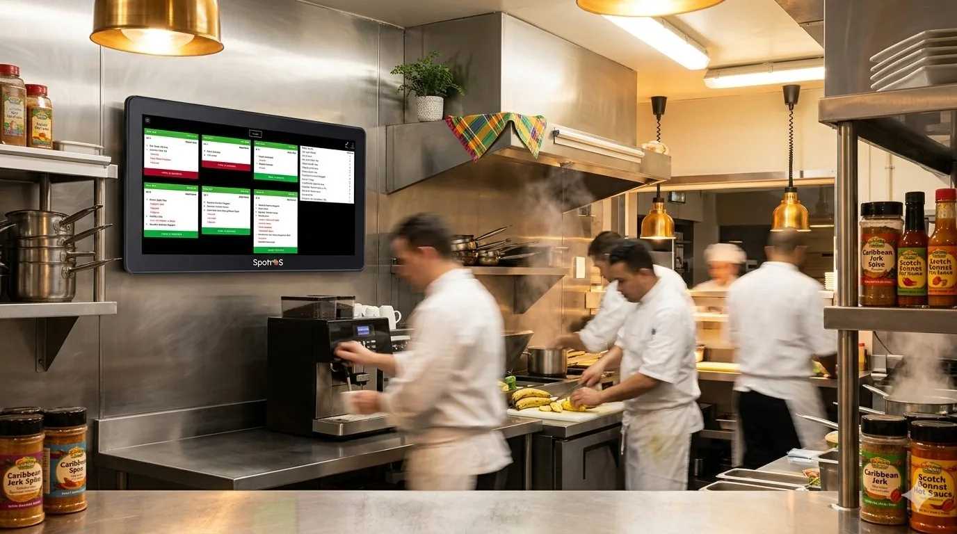 SpotrOS kitchen display screen in busy restaurant kitchen