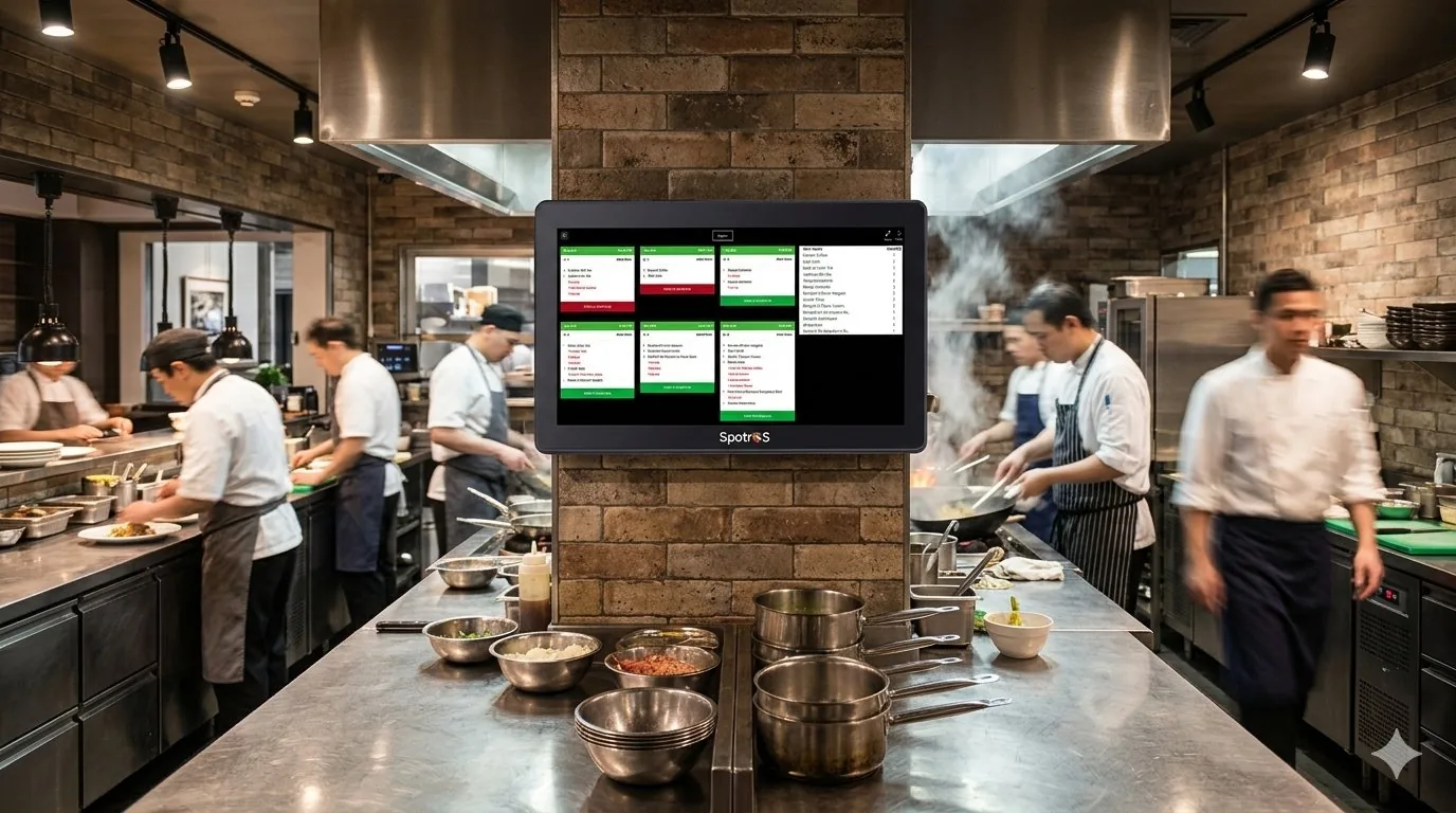 SpotrOS KDS wall-mounted in professional restaurant kitchen