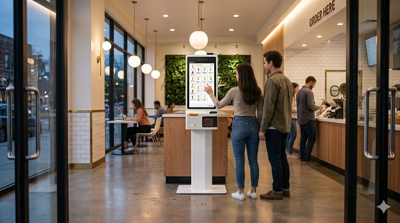 Customers using SpotrOS self-order kiosk in restaurant