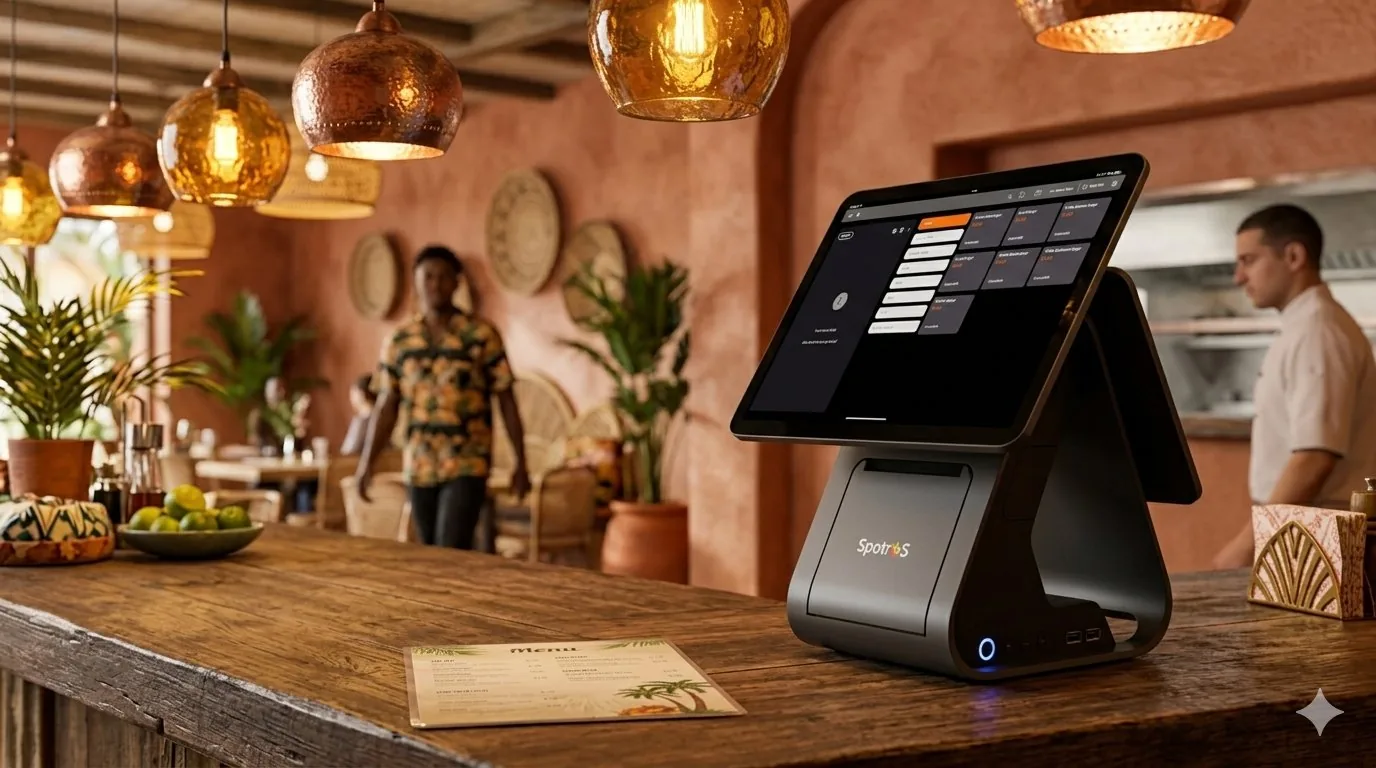 SpotrOS POS terminal on restaurant counter with staff taking orders