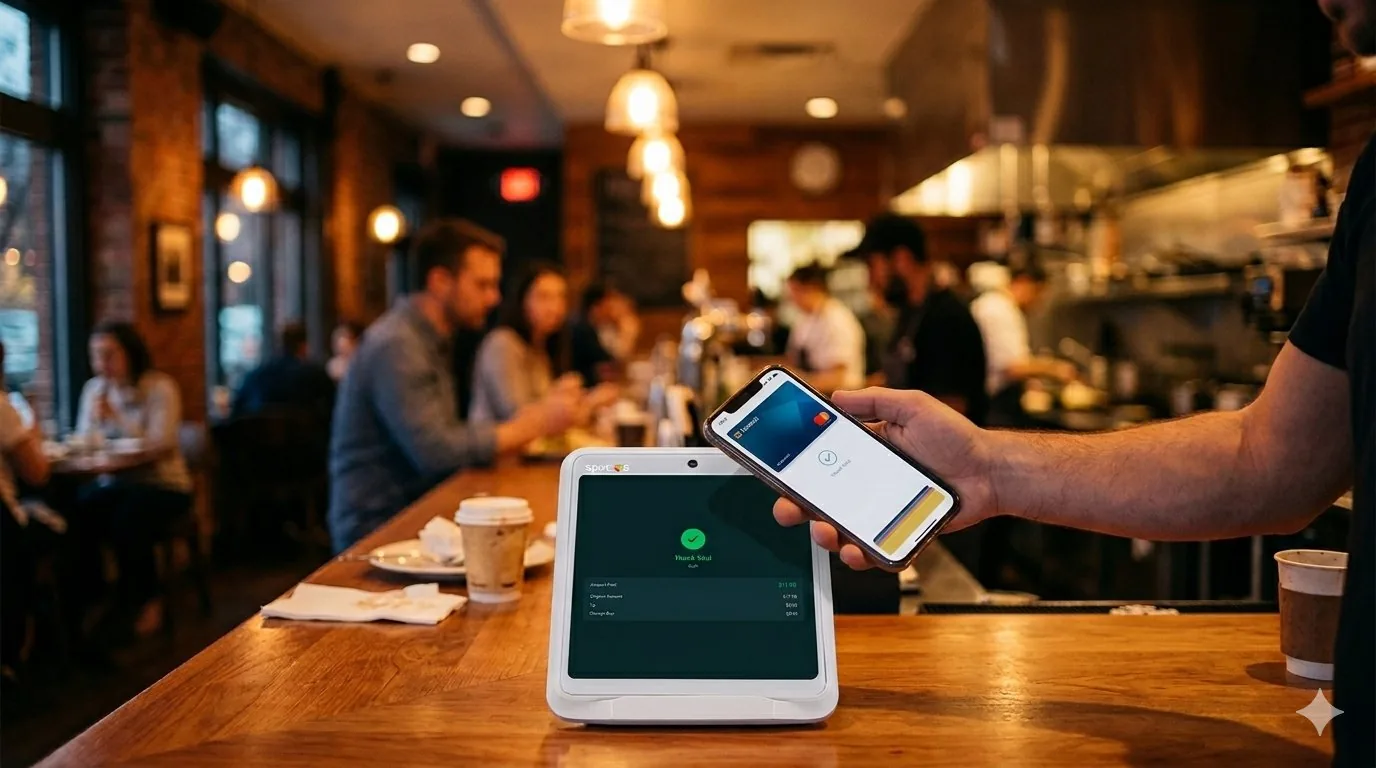 Customer tapping phone to pay contactless at restaurant