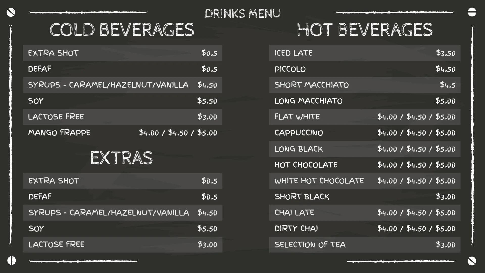 Digital drinks menu board on restaurant display screen
