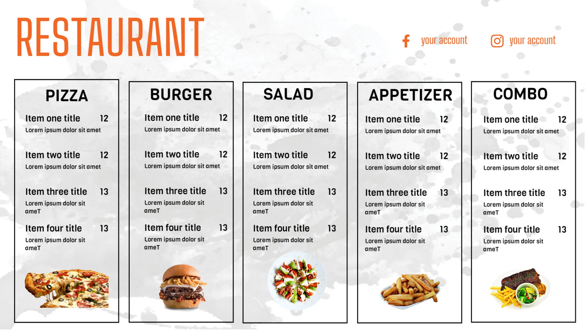 Digital menu board showing restaurant food categories